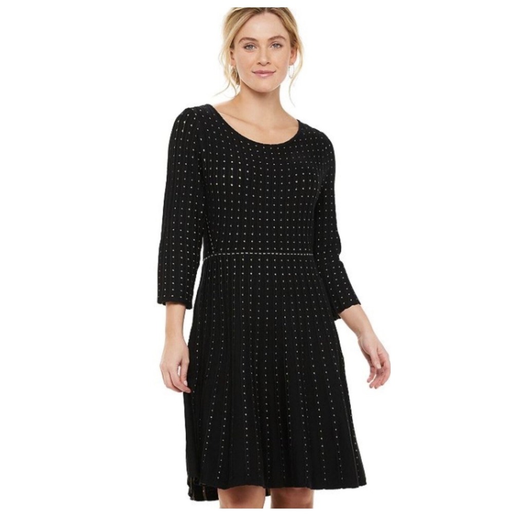 Nina Leonard Dress Size Large Black Knit Polka Dot A Line‎ Fit Flare Dress 🖤🖤